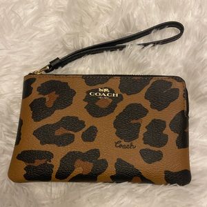 Coach leather leopard top zip wallet/ wristlet